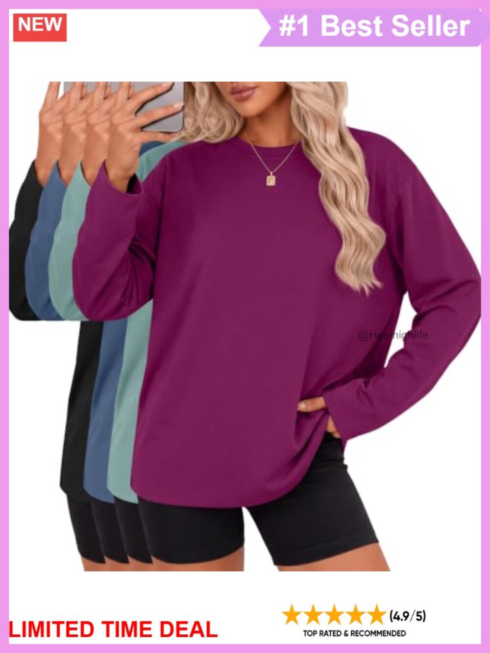 Womens Oversized Crew Neck Long Sleeve Casual Tops 4 Pack
